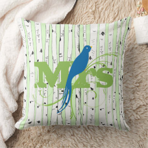 Mr Mrs Spring Green and Royal Blue Birch Tree Bird Throw Pillow