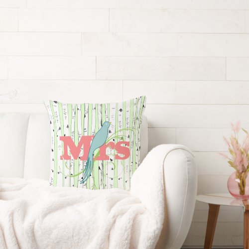 Mr Mrs Spring Green Peach Aqua Birch Tree Pillow