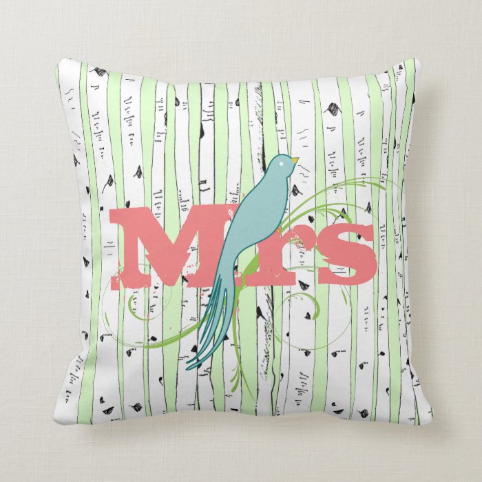 Mr Mrs Spring Green, Peach Aqua Birch Tree Pillow