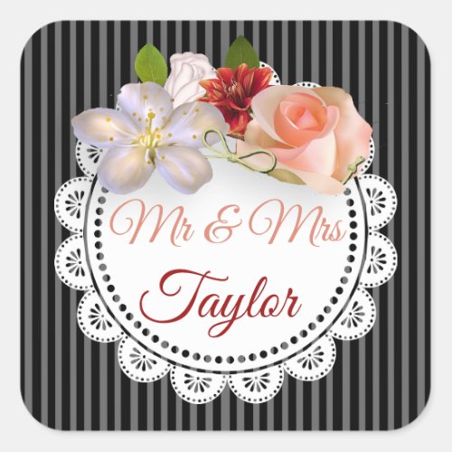 Mr  Mrs Stickers Black and Coral Floral Rose