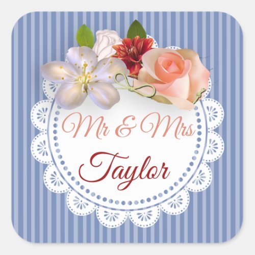 Mr  Mrs Stickers Blue and Coral Floral Rose