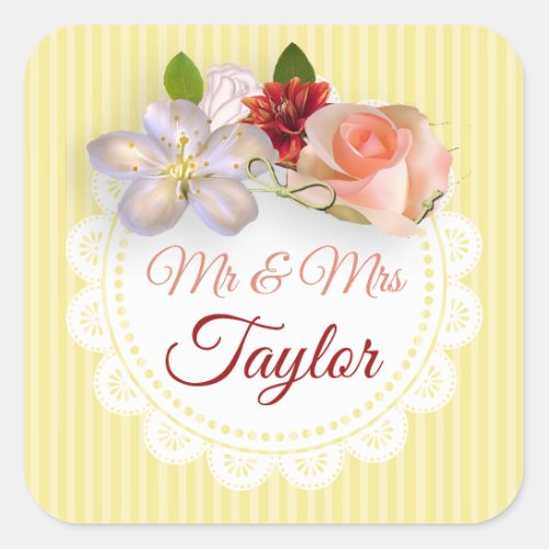 Mr  Mrs Stickers Yellow and Coral Floral Rose