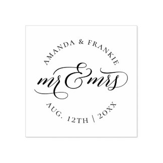 Mr & Mrs | Stylish Script Wedding Names & Date Rubber Stamp
