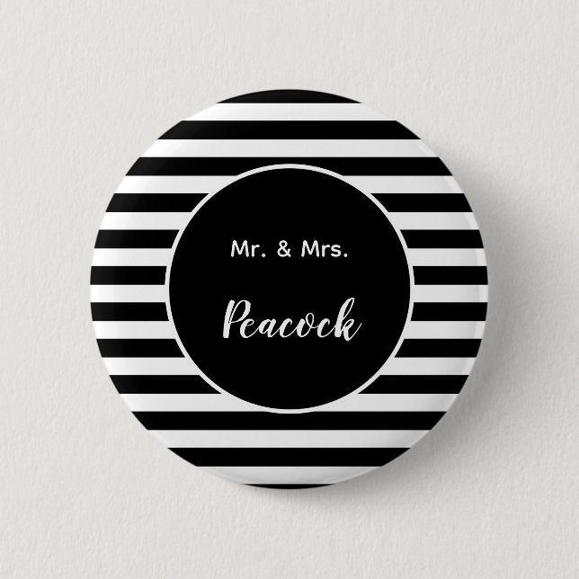 Mr. & Mrs. Surname Black and White Stripes Button (Front)