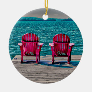 Mr Mrs Teal Beach Adirondack Chairs Rustic Wedding Ceramic Ornament