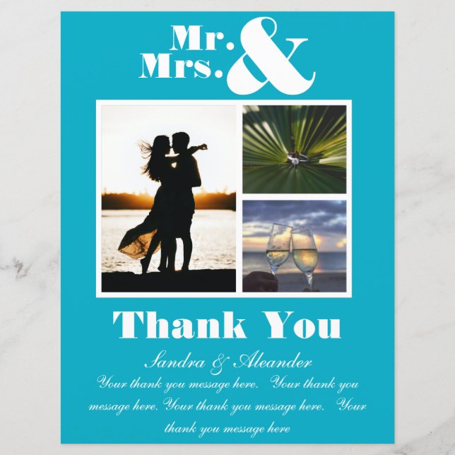 Mr Mrs Teal Blue Thank You Card photo Wedding (Front)