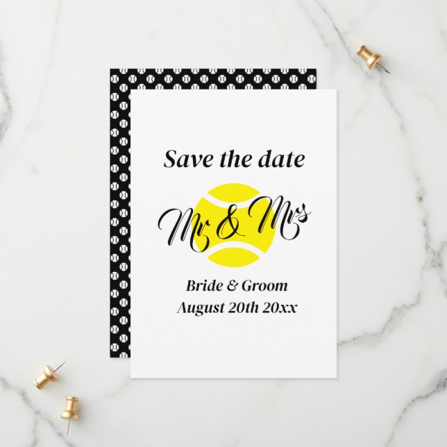 Mr & Mrs tennis couple wedding save the date cards (Front/Back In Situ)