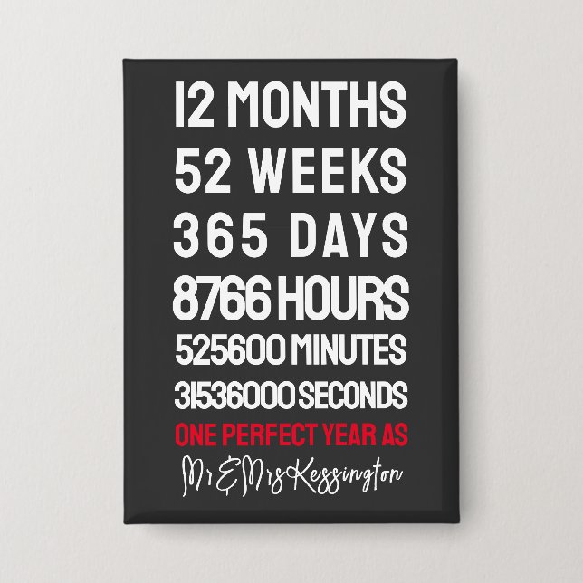 Mr & Mrs Time 1st Wedding Anniversary  Button (Front)