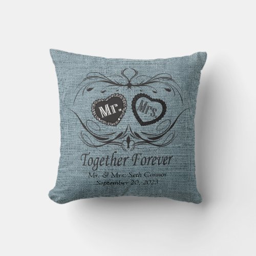 Mr  Mrs Together Forever  Country Blue Throw Pillow