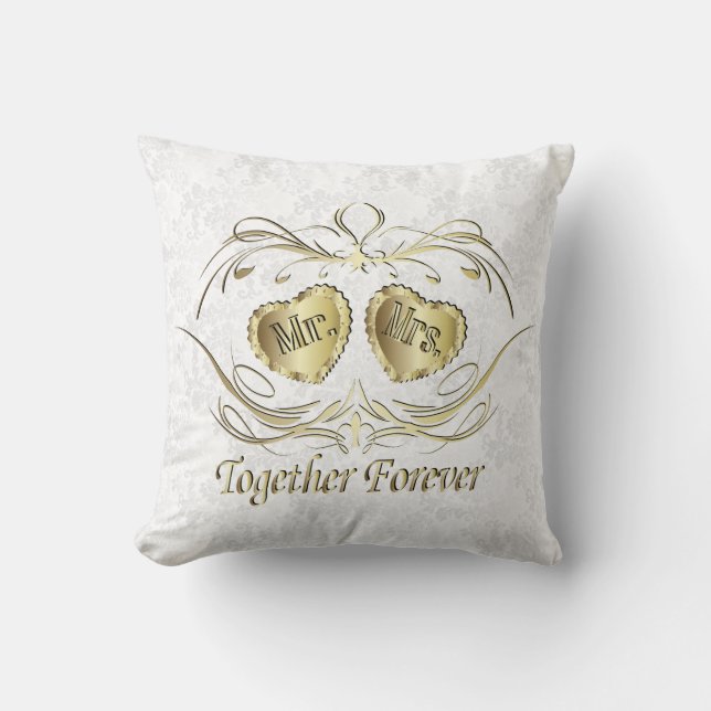 Mr & Mrs Together Forever | White &  Gold Throw Pillow (Front)
