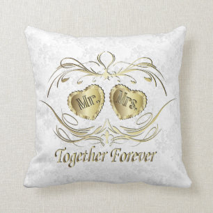 Mr & Mrs Together Forever   White &  Gold Throw Pillow