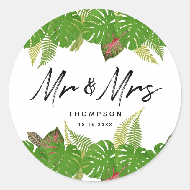 Mr. & Mrs. Tropical Leaves Script Wedding  Classic Round Sticker (Front)