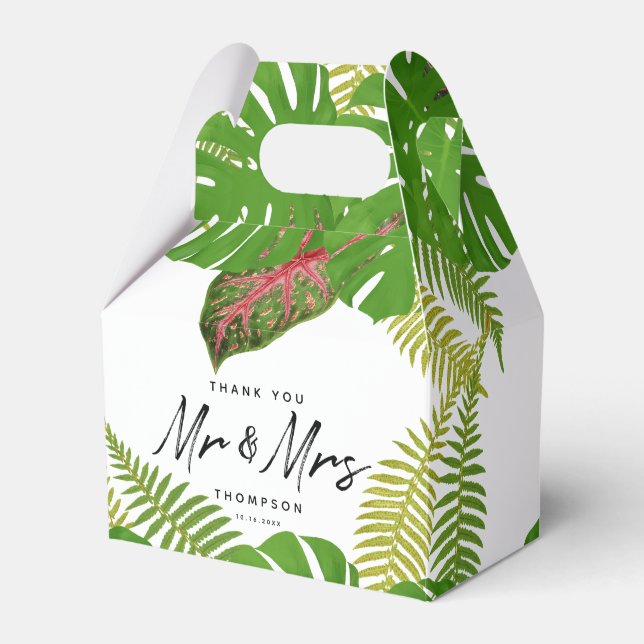 Mr. & Mrs. Tropical Leaves Script Wedding  Favor Boxes (Front Side)