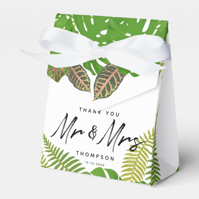 Mr. & Mrs. Tropical Leaves Script Wedding  Favor Boxes (Front Side)