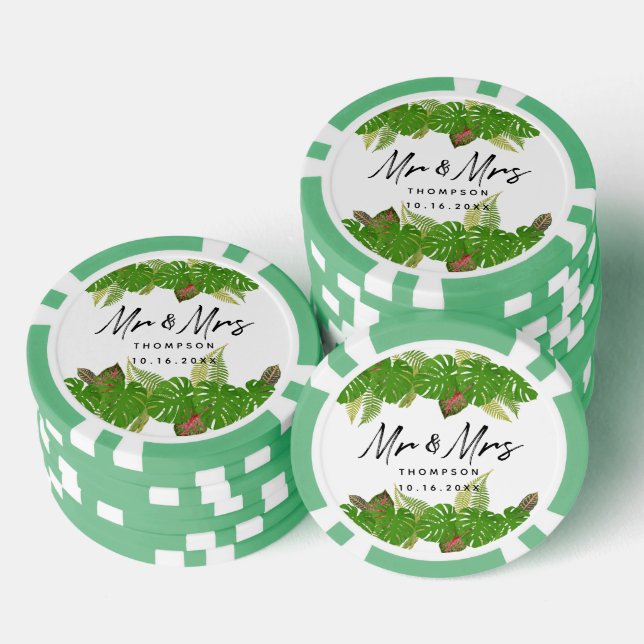 Mr. & Mrs. Tropical Leaves Script Wedding Favor Poker Chips (Stack)
