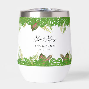 Mr. & Mrs. Tropical Leaves Script Wedding Gift Thermal Wine Tumbler