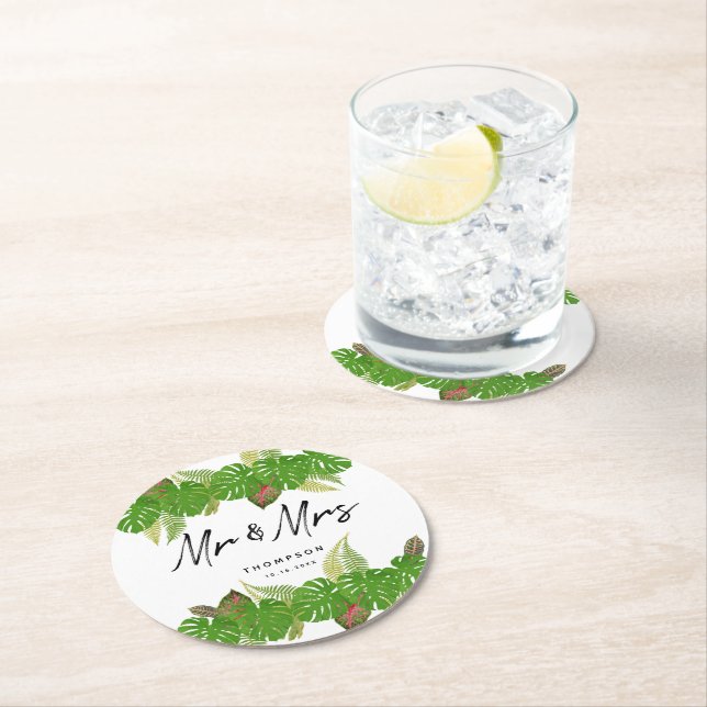 Mr. & Mrs. Tropical Leaves Script Wedding   Round Paper Coaster (Insitu)