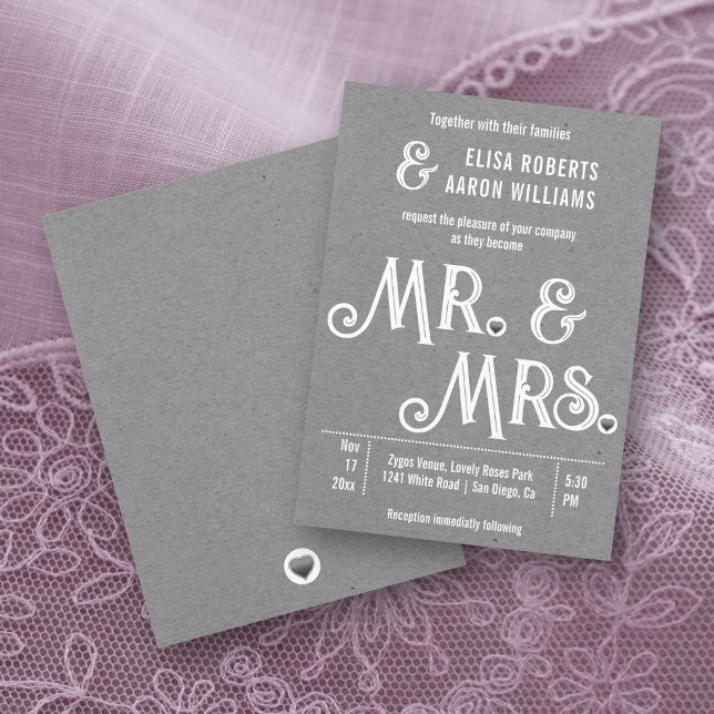 Mr. & Mrs. typography gray kraft paper wedding Invitation (Creator Uploaded)