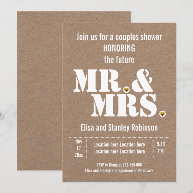 Mr. & Mrs. typography kraft paper wedding shower Invitation (Front/Back)