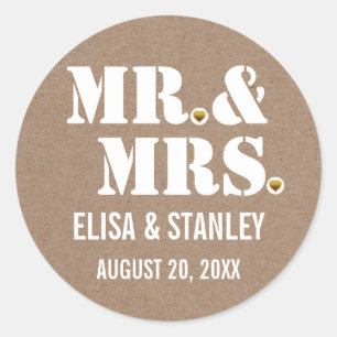 Mr. & Mrs. typography kraft wedding Save the Date Classic Round Sticker