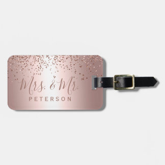 Mr & Mrs typography rose gold confetti metallic Luggage Tag