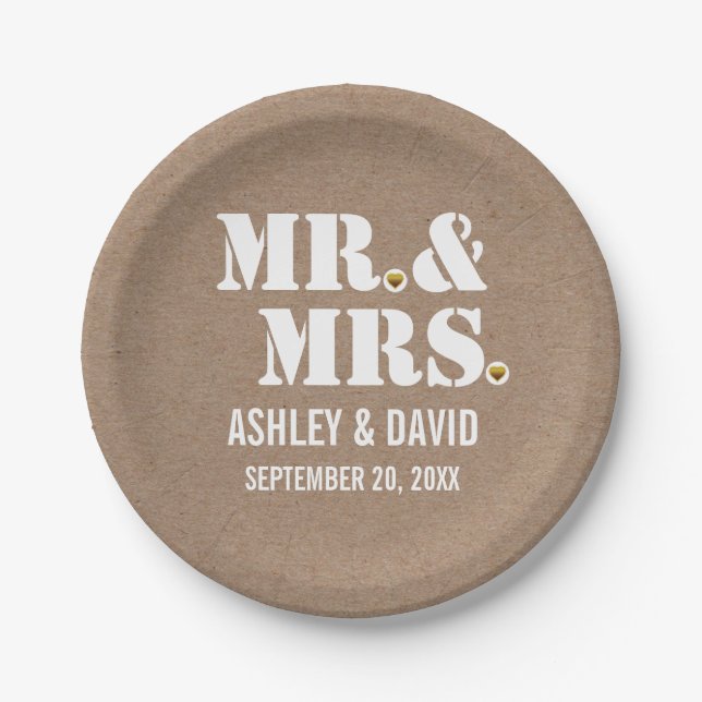 Mr. & Mrs. typography rustic kraft wedding Paper Plates (Front)