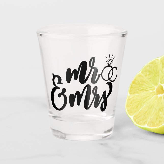 Mr. & Mrs. typography with hearts wedding Shot Glass (Front)
