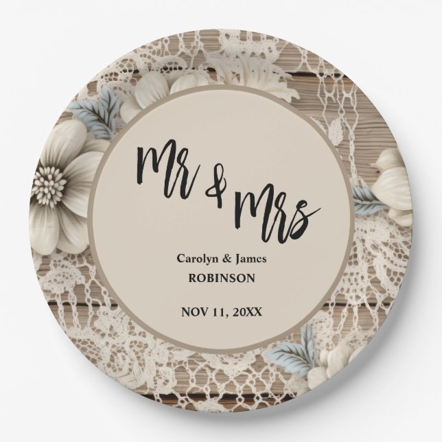 Mr & Mrs Vintage Lace Rustic Wedding  Paper Plates (Front)
