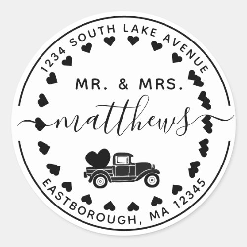 Mr & Mrs Vintage Truck 8 Letter Return Address Classic Round Sticker Mr Mrs Vintage Truck 8 Letter Return Address Classic Round Sticker