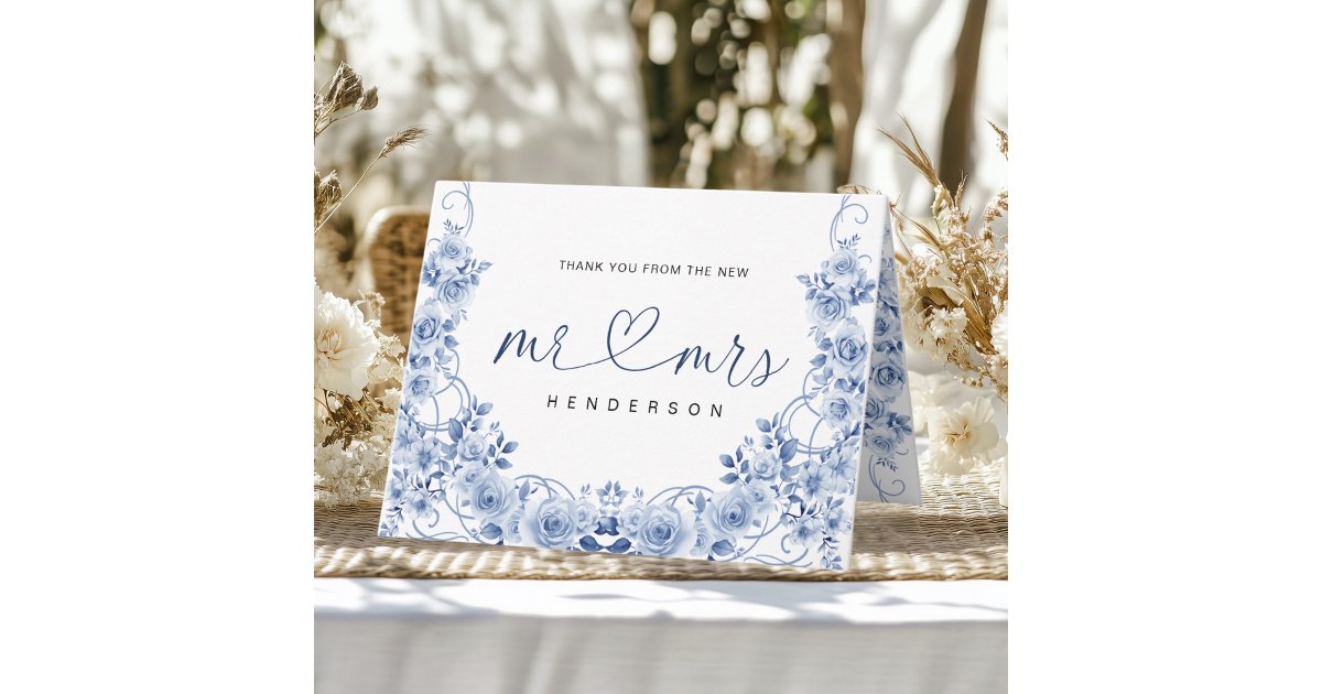Mr & Mrs Watercolor Dusty Blue Floral Wedding Thank You Card | Zazzle