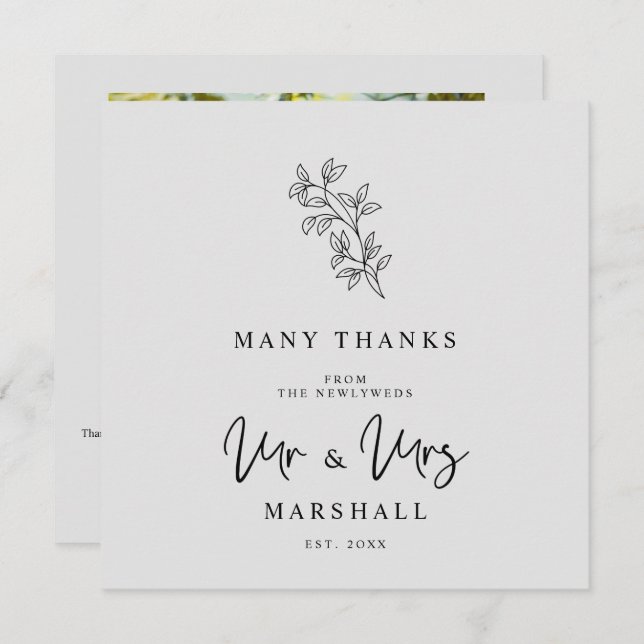 MR & MRS Wedding Black Fancy Minimalist Branches  Thank You Card (Front/Back)