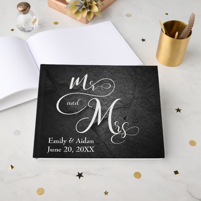 Mr. & Mrs. Wedding Black Slate Stone  Guest Book (Front Open)
