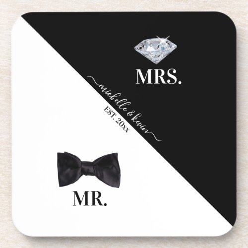 Mr  Mrs Wedding Black  White Beverage Coaster