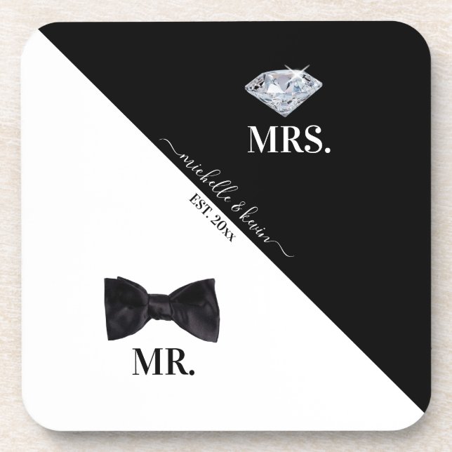 Mr. & Mrs. Wedding Black & White Beverage Coaster (Front)