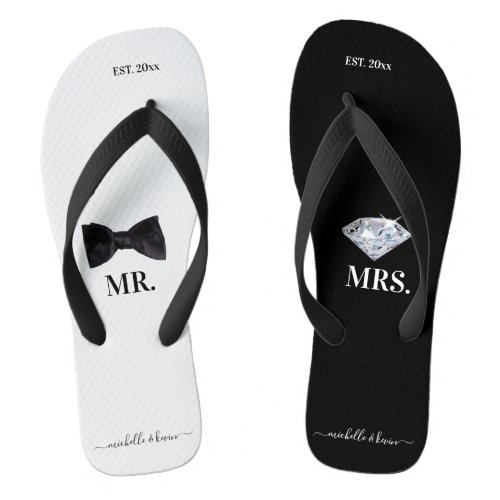 Mr  Mrs Wedding Black  White Flip Flops