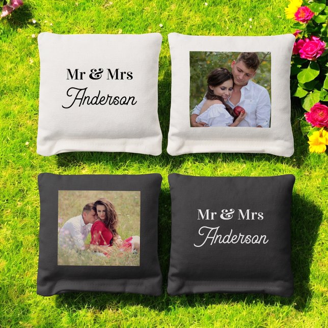 Mr Mrs Wedding Black White Photo Cornhole Bags (Creator Uploaded)