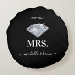 Mr. & Mrs. Wedding Black & White Round Pillow<br><div class="desc">An elegant black and white wedding themed design perfect for newlyweds. The round pillow is designed in black and white with a stylish black bow tie for the "Mr." and a beautiful sparkling diamond for the "Mrs." The established date is located on top which can be customized to your wedding...</div>