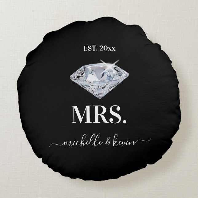 Mr. & Mrs. Wedding Black & White Round Pillow (Back)