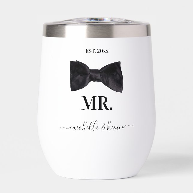 Mr. & Mrs. Wedding Black & White Thermal Wine Tumbler (Front)