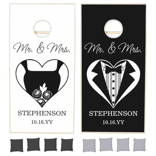 Mr  Mrs Wedding Bride Groom Black and White Name Cornhole Set