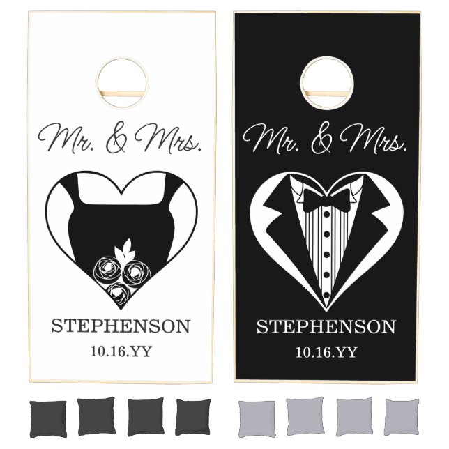 Mr & Mrs Wedding Bride Groom Black and White Name Cornhole Set (Set)