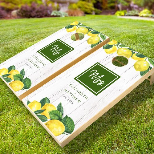 Mr Mrs Wedding Citrus Lemons Wood Monogram Name Cornhole Set