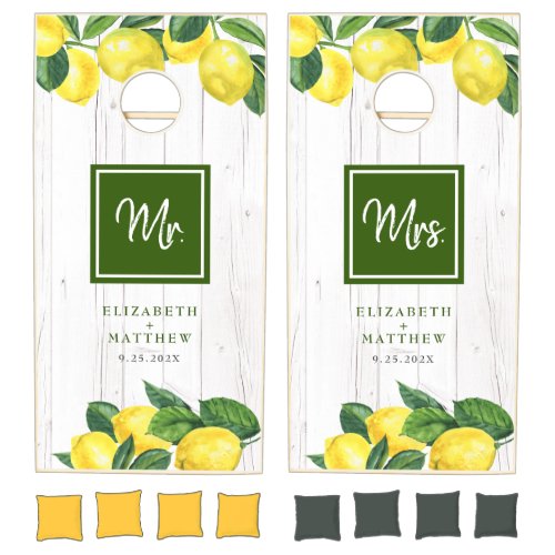 Mr Mrs Wedding Citrus Lemons Wood Monogram Name Cornhole Set