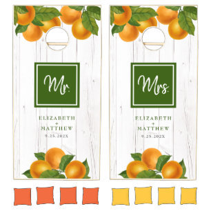 Mr Mrs Wedding Citrus Oranges Wood Monogram Name  Cornhole Set