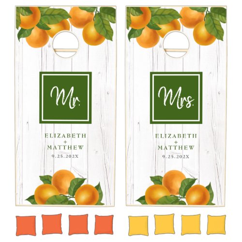 Mr Mrs Wedding Citrus Oranges Wood Monogram Name  Cornhole Set