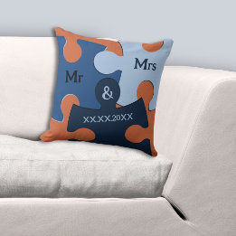 Mr & Mrs Wedding Date Blue & Orange Puzzle Pieces Throw Pillow