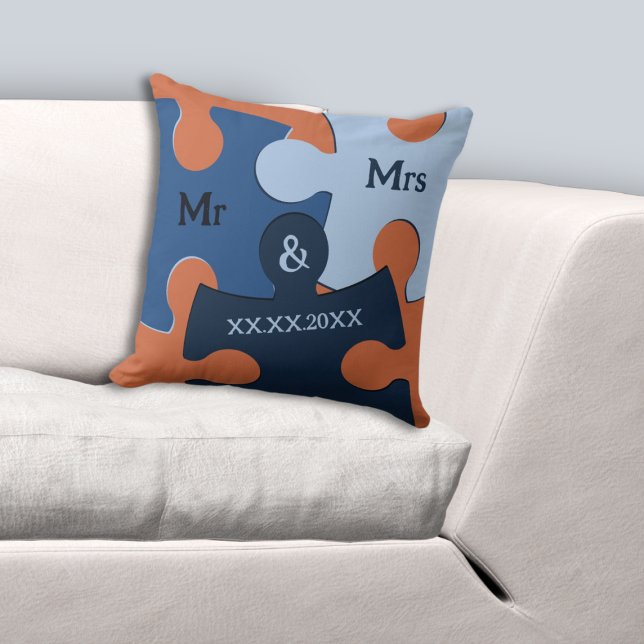 Mr & Mrs Wedding Date Blue & Orange Puzzle Pieces Throw Pillow (Mr & Mrs Wedding Date Blue & Orange Puzzle Pieces Throw Pillow)
