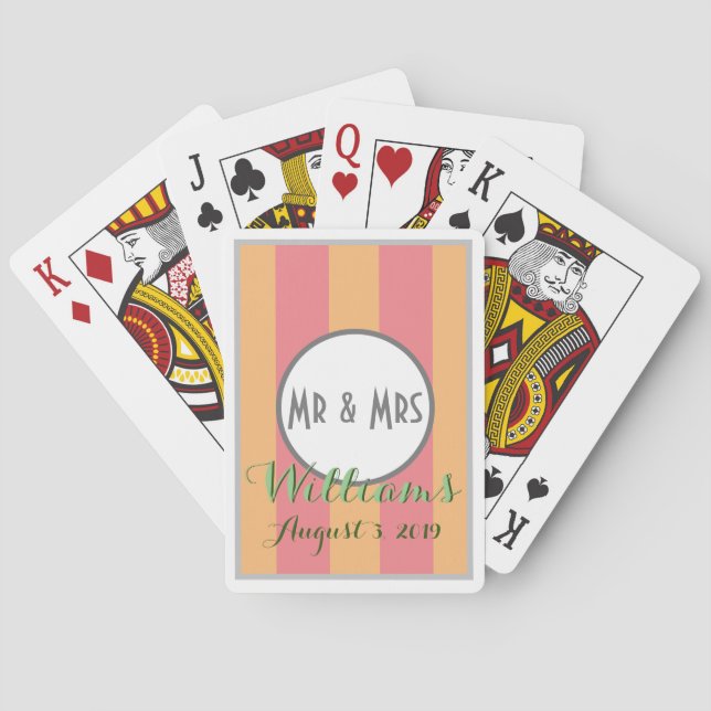 MR & MRS, WEDDING Date, MELON  & MANGO stripes, Poker Cards (Back)