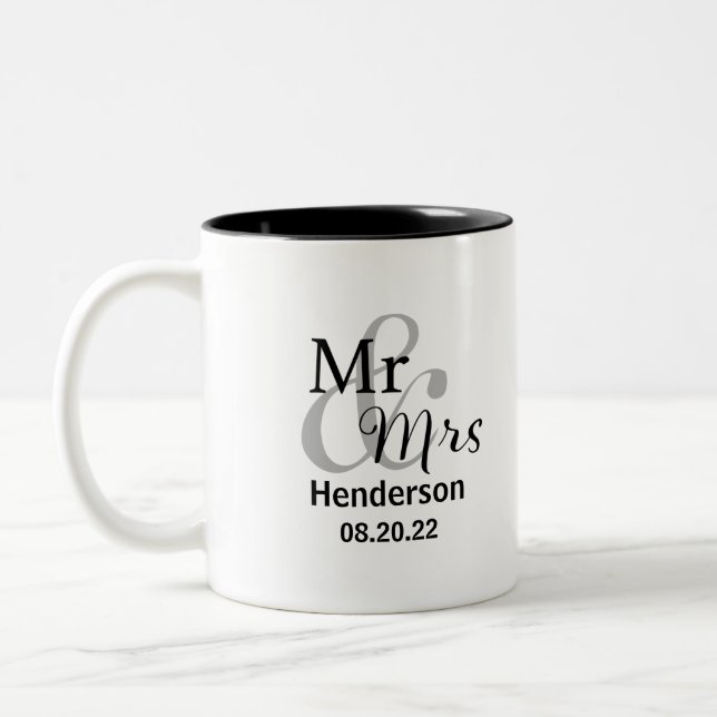 Mr & Mrs Wedding Date with Married Surname Two-Tone Coffee Mug (Left)