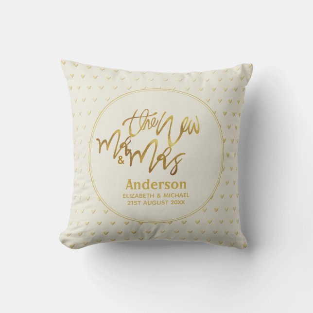 Mr & Mrs Wedding Decor Gift Gold Love Hearts Throw Pillow (Front)